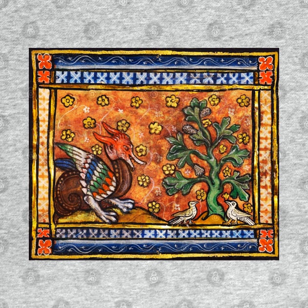 MEDIEVAL BESTIARY,DRAGON,TREE OF LIFE AND BIRDS ,Gold Blue Orange  Floral by BulganLumini